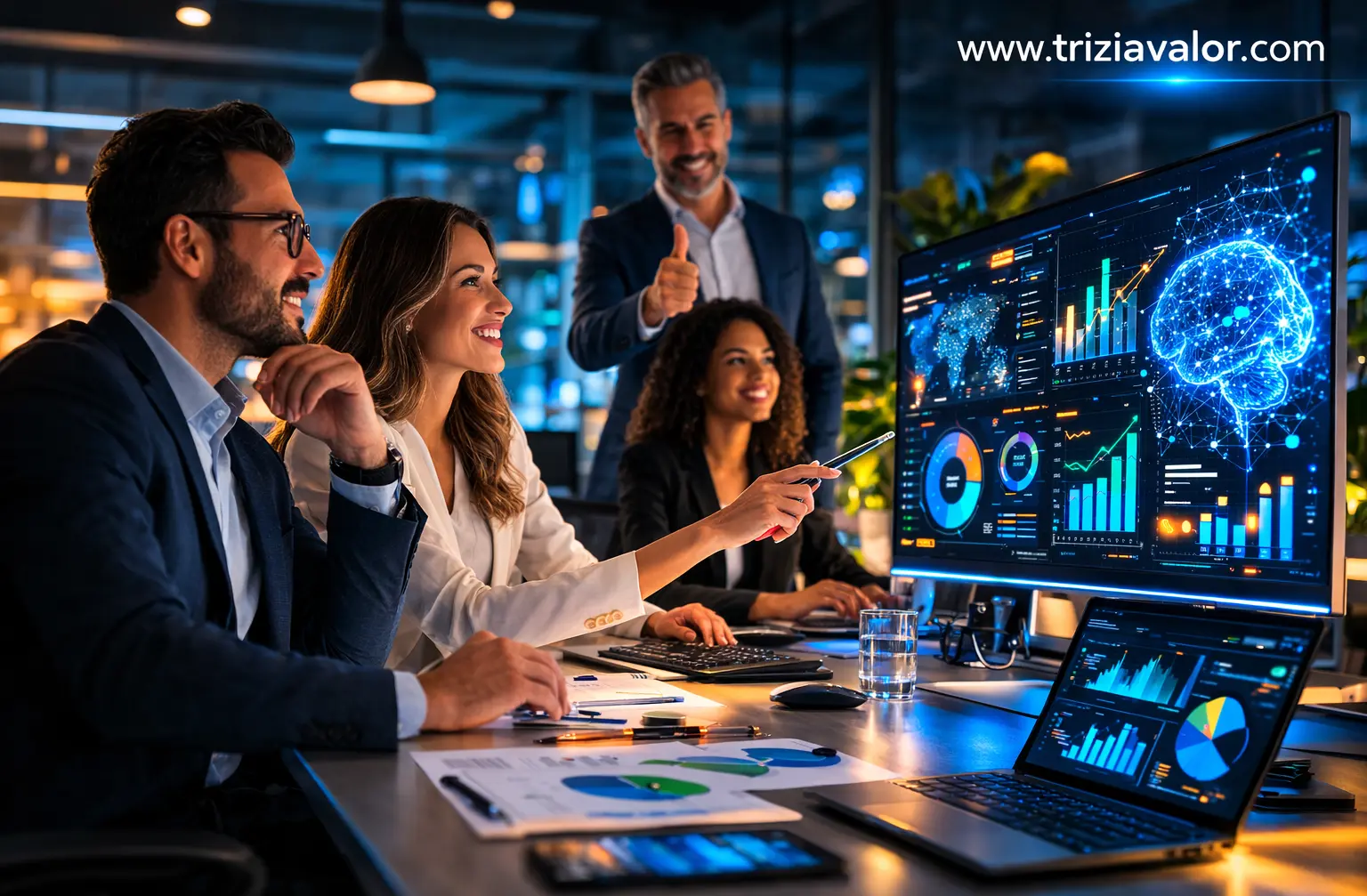 profissional usando inteligência artificial para analisar relatórios no trabalho