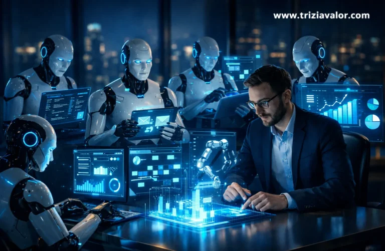 copilotos profissionais com IA apoiando análise e organização no trabalho